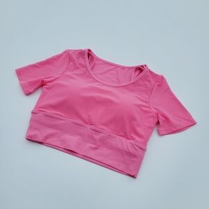 Pedigree Double Layered Mesh Crop Tee with Sports Bra Liner | Pink